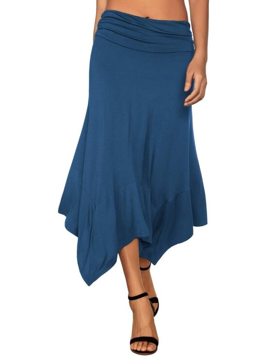 Dresses & Skirts - Women's Blue Pull On Flowy Handkerchief Hemline Romantic Hanky Hem Midi Skirt